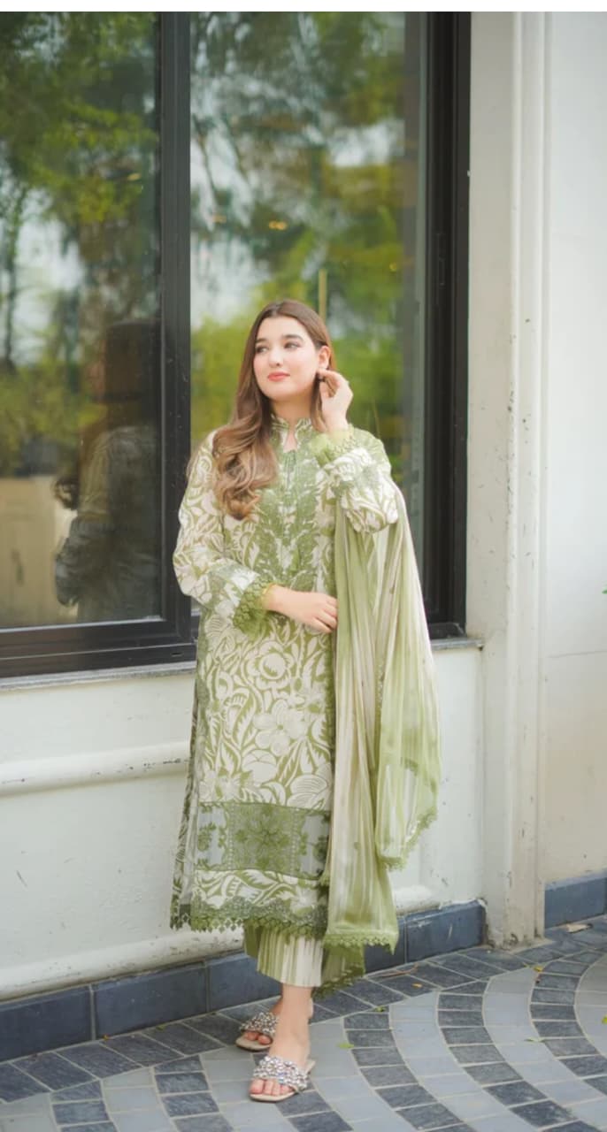 Aneela's 3-PC Premium Embroidered Lawn (Green) D-6045