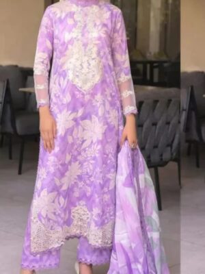 Aneela’s 3-PC Premium Embroidered Lawn (Light Purple) D-667