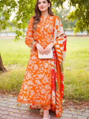 Aneela's 3-PC Premium Embroidered Lawn (Orange) D-5090
