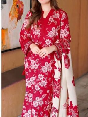 Aneela's 3-PC Premium Embroidered Lawn (Red) D-6054