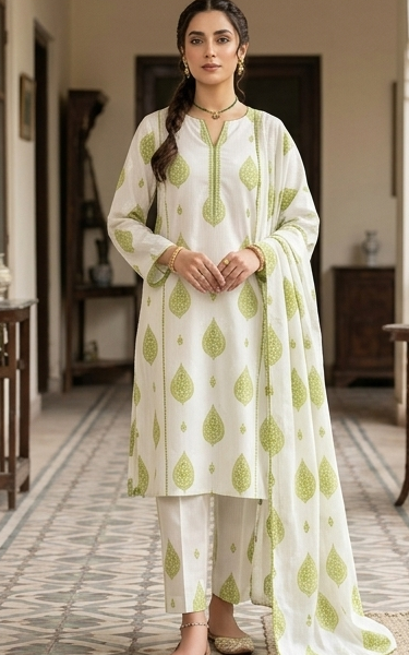 Bana Dora Unstitched 2pc Lawn Suit – Lime Leaf Textured