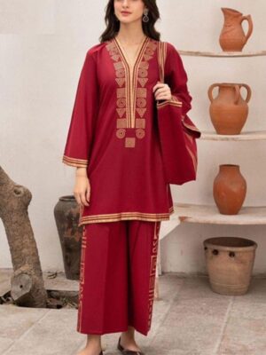 2PC Women’s Co-ord Set – Red & Gold Print