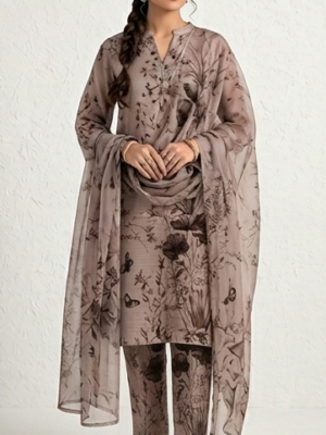 Bana Dora Unstitched 2pc Lawn Suit – Earthy Taupe Floral Collection