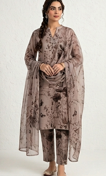 Bana Dora Unstitched 2pc Lawn Suit – Earthy Taupe Floral Collection