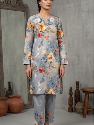 Bana Dora Unstitched 2pc Lawn Suit – Slate Blue Floral Art Collection
