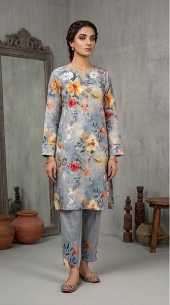 Bana Dora Unstitched 2pc Lawn Suit – Slate Blue Floral Art Collection