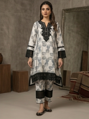 Bana Dora Trending 2pc Un-Stitched Lawn Suit for Women - White Leaf