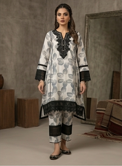 Bana-Dora-White-Black-Leaf-Print-Lawn-Suit-Lace-Design-2026