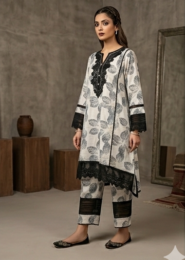 Bana-Dora-White-Black-Leaf-Print-Lawn-Suit-Lace-Design-2026