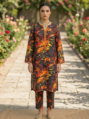 2pc jungle black premium lawn suit