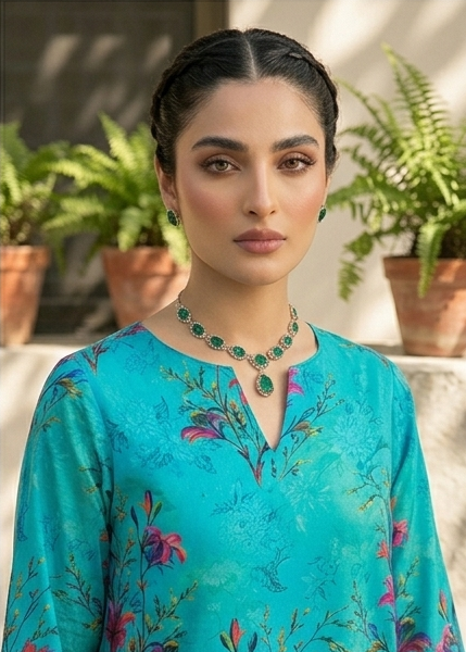 Premium Unstitched 2pc Lawn Suit – Ocean Blue & Green All-Over Print