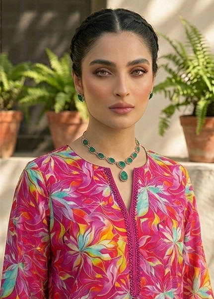 Premium Unstitched 2pc Lawn Suit – Shocking Pink Floral All-Over Print