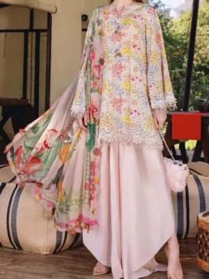 Maria B Embroidered Lawn Suit with Printed Chiffon Dupatta 3PC (Pink)